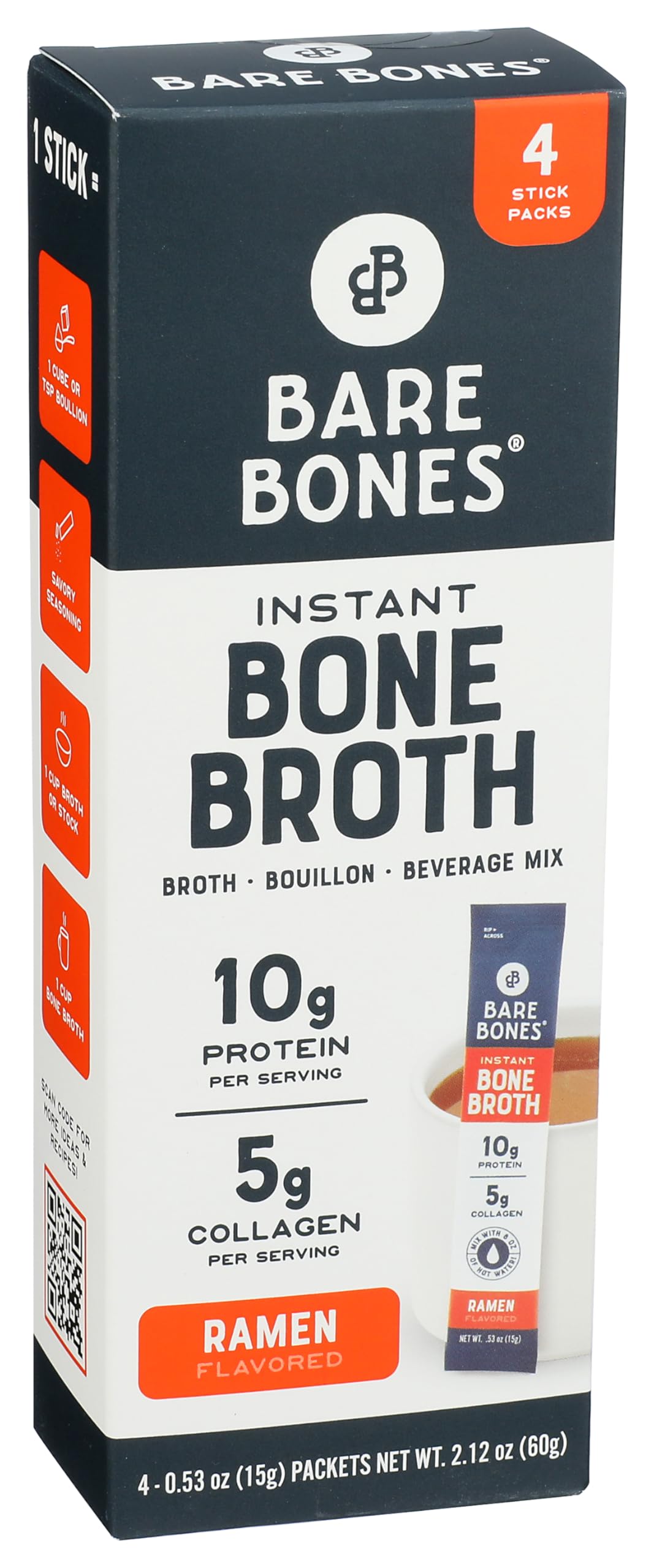 Bare Bones Bone Broth Instant Powdered Mix Ramen Flavor Non-GMO Gluten-Free Dairy-Free Keto Paleo Friendly 10g Protein (Pack of 4)